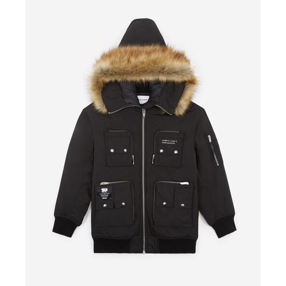 The Kooples Sport Logo Faux Down Fur Hooded Bomber Jacket Puffer Black Coat 2 M - Picture 1 of 14